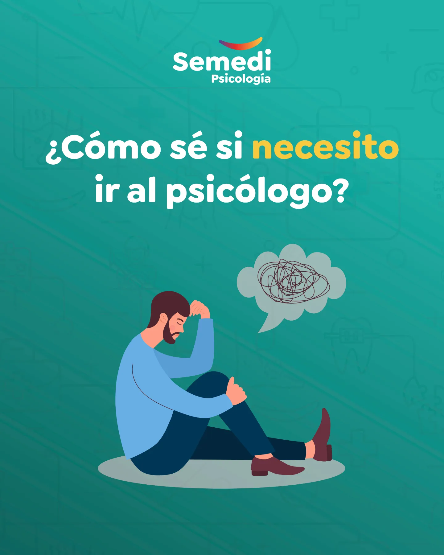Ilustración de una persona sentada con un pensamiento enredado, sobre los motivos para empezar terapia psicológica en Málaga